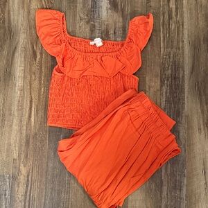 Women's Orange Ruffle Top and Pants Set